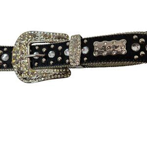 Vintage BHW Women's Black Leather Western Belt Silver Bling Accents Sz Medium
